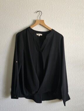 Entro Womens Small Black Sheer Faux Wrap Front Blouse